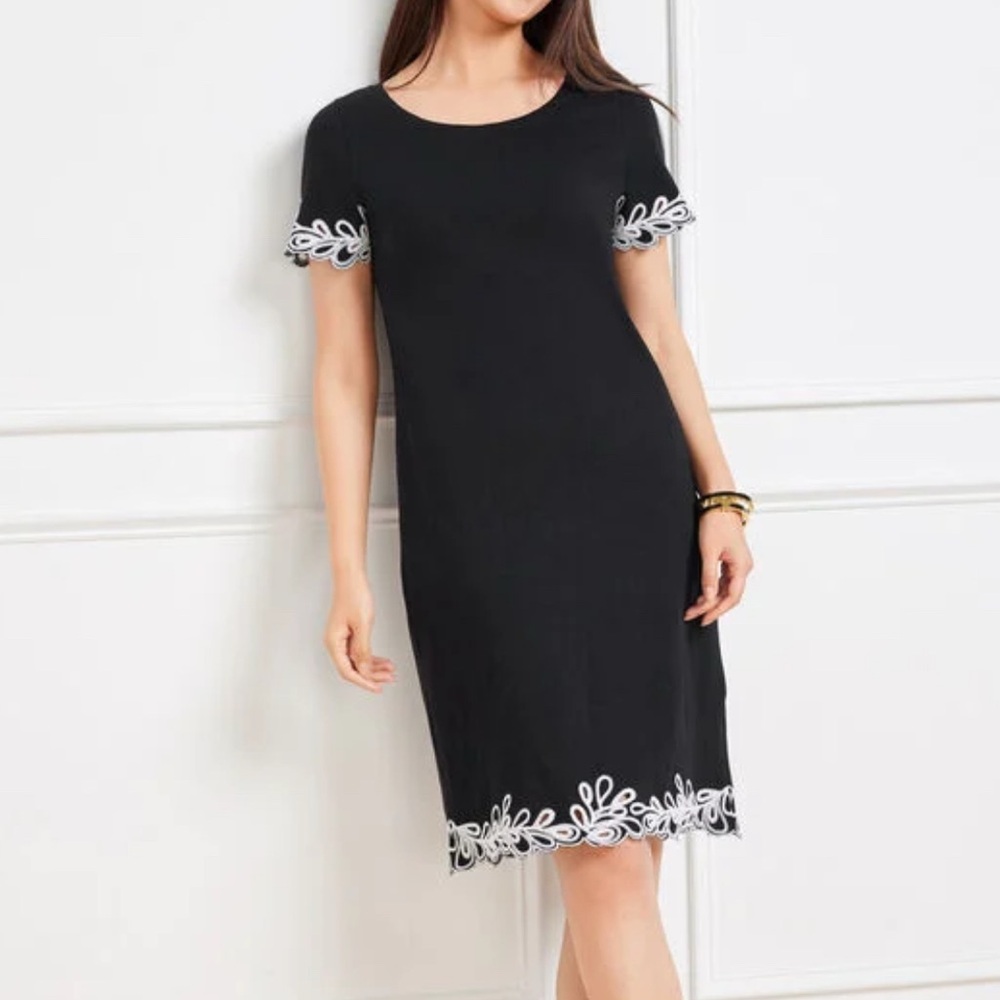 Talbots Elegant Black Dress with White Embroidery